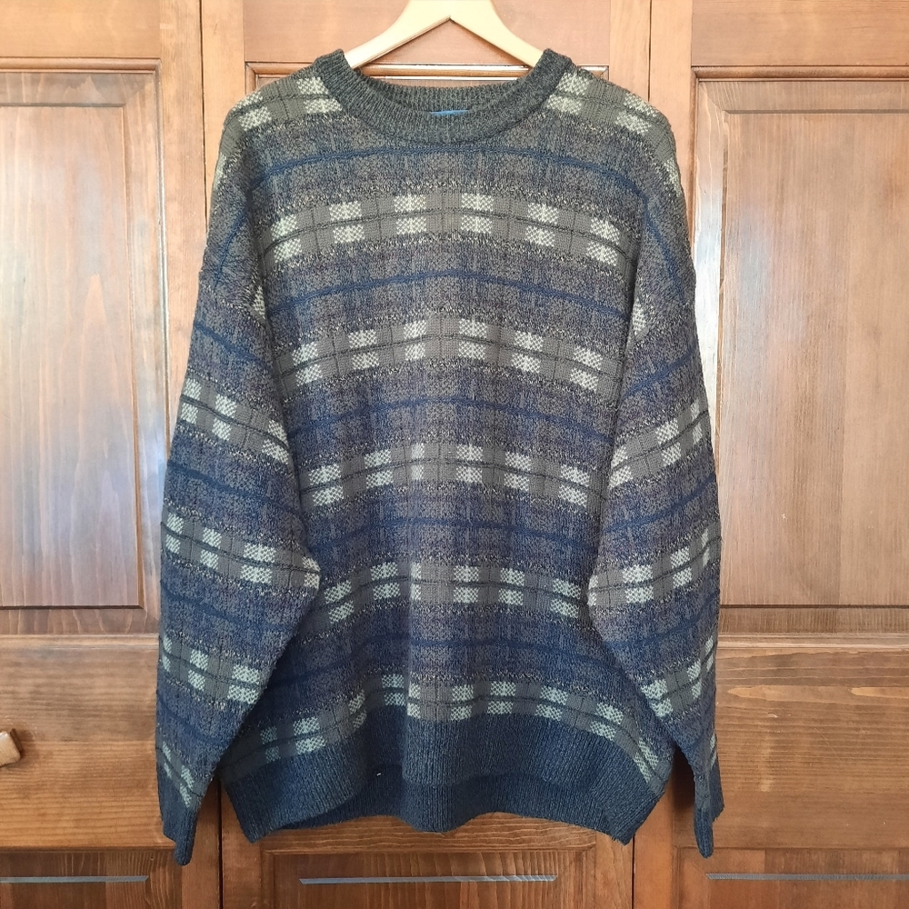 Vintage Towncraft Brown Blue Plaid Cosby Grandpa Style Knit Sweater Size XXL